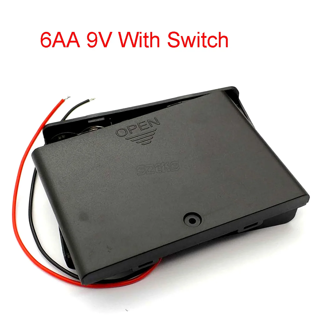 เคสเก็บแบตเตอรี่6 AA 9V เคสใส่แบตเตอรี่พลาสติก1.5V เคสฝาปิดสวิตช์เปิด/ปิดด้วยสายฝาปิดสำหรับ6x1.5V AA