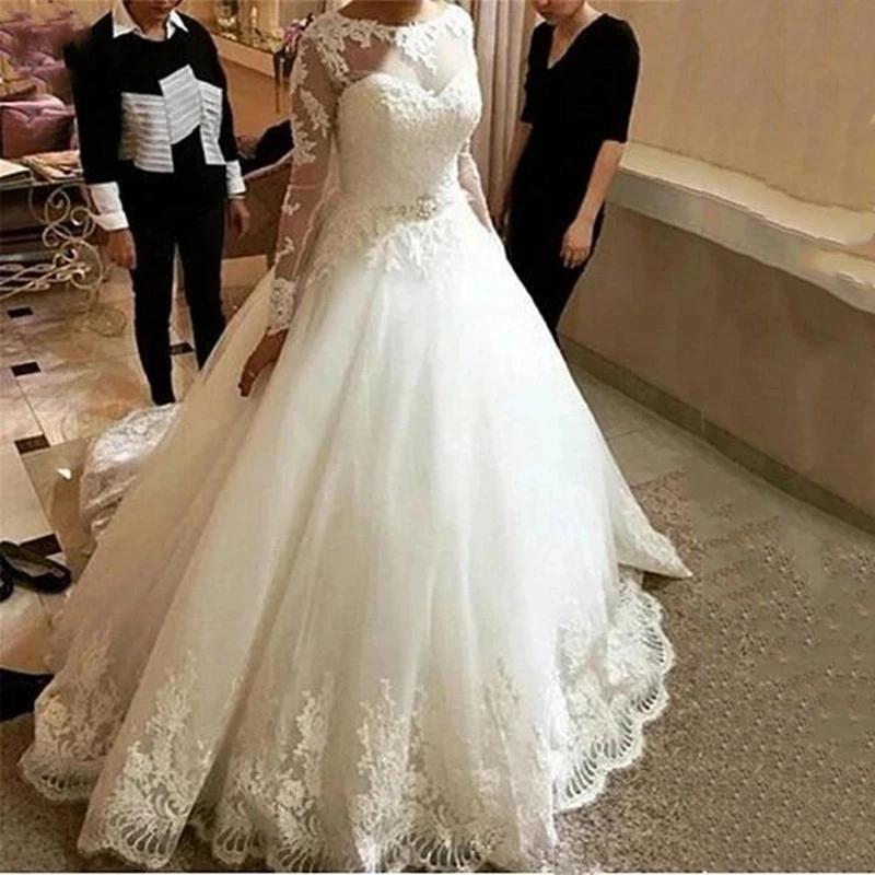 

ANGELSBRIDEP Long Sleeves Ball Gown Wedding Dresses Boho Vestido De Noiva Fashion Applique Court Train Tulle Formal Bride Dress