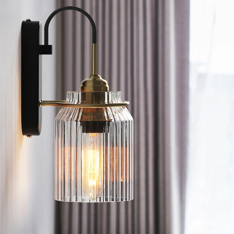 

Nordic Industrial Style Bedside Wall Lamp Retro Bedroom Coffee Shop Hotel Wrought Iron Glass Edison Indoor Single Head Luminaire