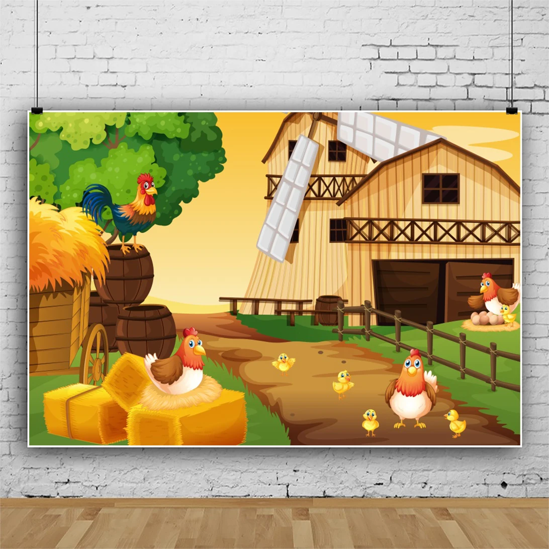Laeacco การ์ตูนฟาร์ม Windmill เด็กตกแต่งห้องวันเกิดถ่ายภาพพื้นหลังสำหรับ Photo Studio