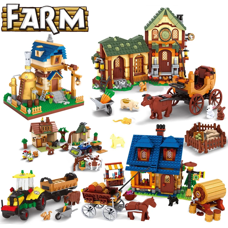 

Farm Cottage Village Market house Animals Model Tractor Harvester Horse Carriage building blocks DIY brick Toy creative MOC idea