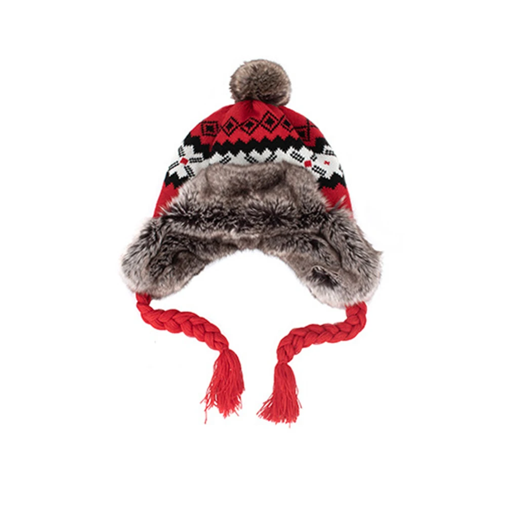 FS Gray Red Knit Women Winter Earflap Hat Warm Woolen Trapper Bomber Hats For Men Outdoor Windproof Russian Cap With Fur Pompom