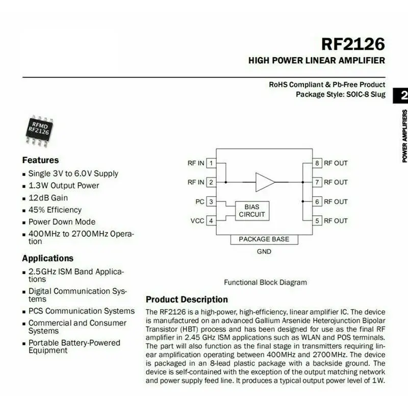 RF2126 400M-2700MHZ широкополосный усилитель мощности RF 2,4 GHZ 1W для WIFI Bluetooth