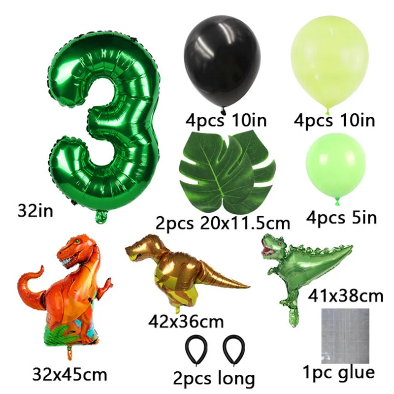 21pcs Jungle Dinosaur Party Balloons Set Mini Dinosaur Balloon Green number Ballon Kids 1 2 3 4 5 Year Birthday Party Decoration