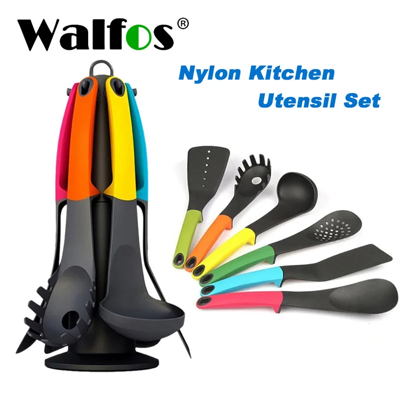 

WALFOS 7 Pcs Kitchen Utensils Set Heat Resistant Non Stick Nylon Cooking Spoon Spatula Ladle Colander Set Kitchen Accessories