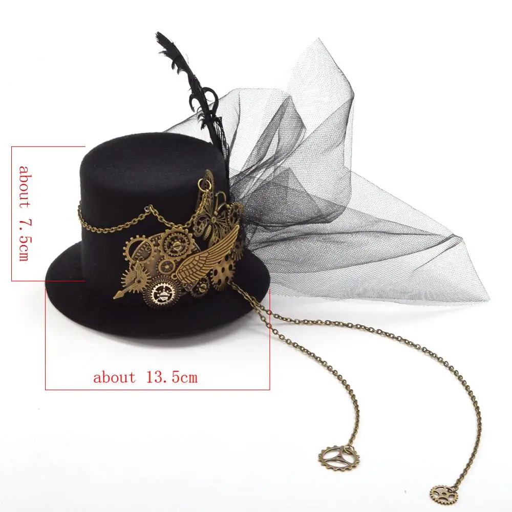 Womens Mini Fedora Hat Steampunk Fascinator Mini Top Hat Hair Clip Punk Gothic Gear Wings Clock Butterfly Veil Headpiece