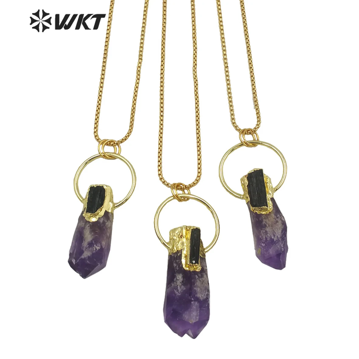 WT-N1266 WKT Luxury Natural Stone Necklace Amazing Purple A-methyst Necklace With  Black Tourmaline Charm Gold Eletroplated