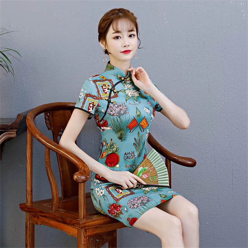 

Fashion Daily Streetwear Chinese Traditional Clothing Qipao for Women Asian Wedding Retro Short Cheongsam Printed Dress Vestido