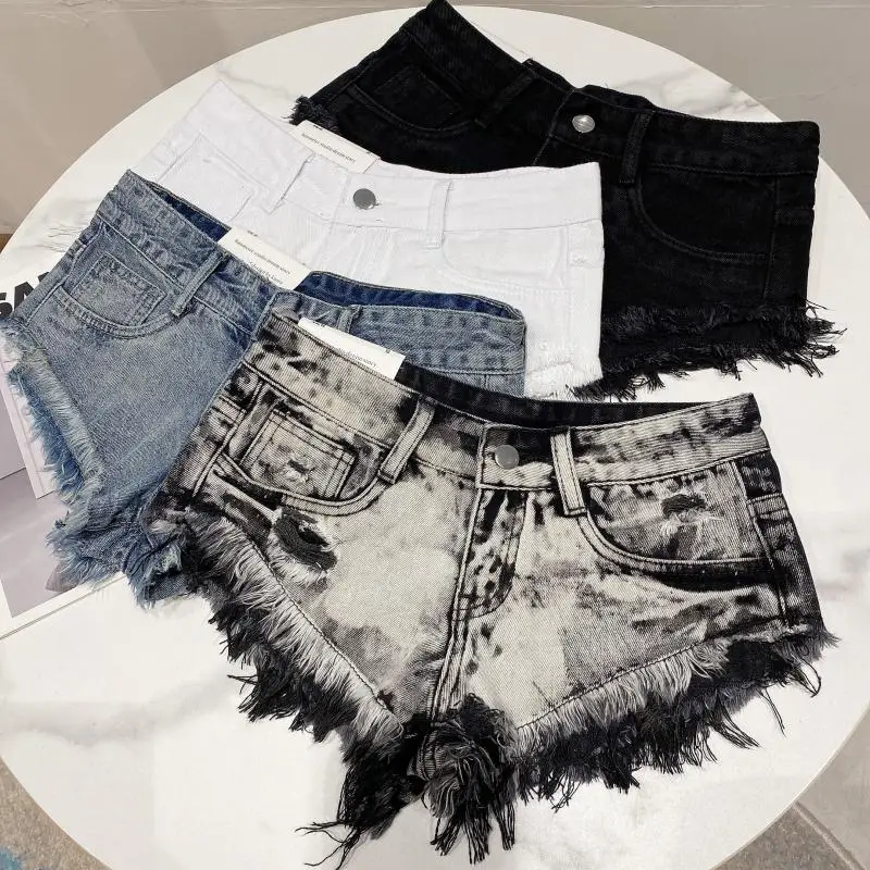 

Women summer low waist tassel brushed denim short fashion old washed jeans shorts