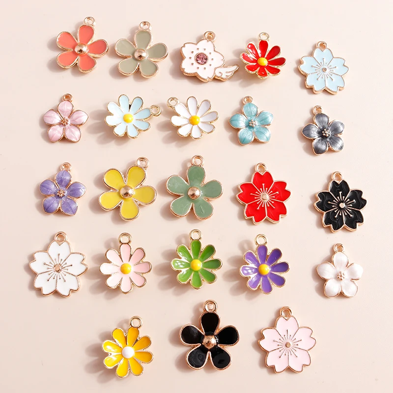 Leslie 10pcs Enamel Flowers Charms Kawaii Sakura Daisy Charms Pendants for Necklace Bracelet DIY Jewelry Making Accessories