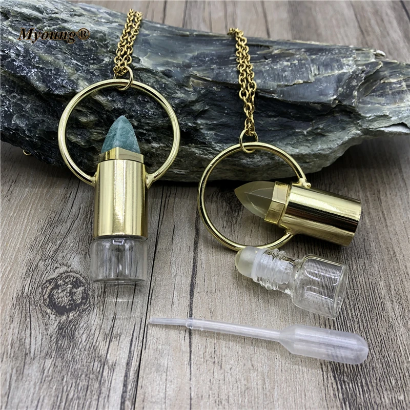 Gold-Plated Loop Natural Amazonite Lemon Quartz  Stone Perfume Essential Oil Diffuser Roll On Bottle Pendant Necklace Women Gift