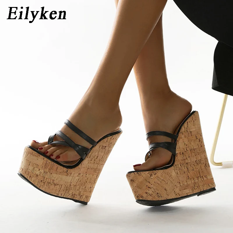 Eilyken Summer Outdoor Open Pinch Toe Platform Wedge Women Slippers Fashion Narrow Band  High Heels Flip Flops Shoes