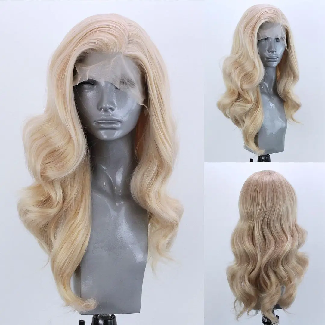 Lange golvende blonde synthetische kant voor vrouwen Gloden Blonde Drag Queen pruik