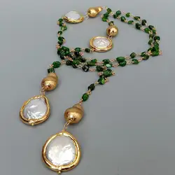 YYGEM Natural Green Diopside small nugget Cultured White Coin Pearl Long sweater chain Necklace 41
