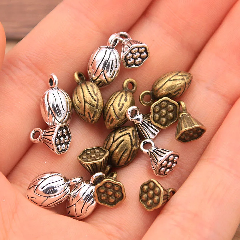 30PCS 2 Styles 2 Color Vintage Metal Zinc Alloy Lotus Seeds Lotus Plant Charms For DIY Necklace Bracelet Jewelry Making Findings