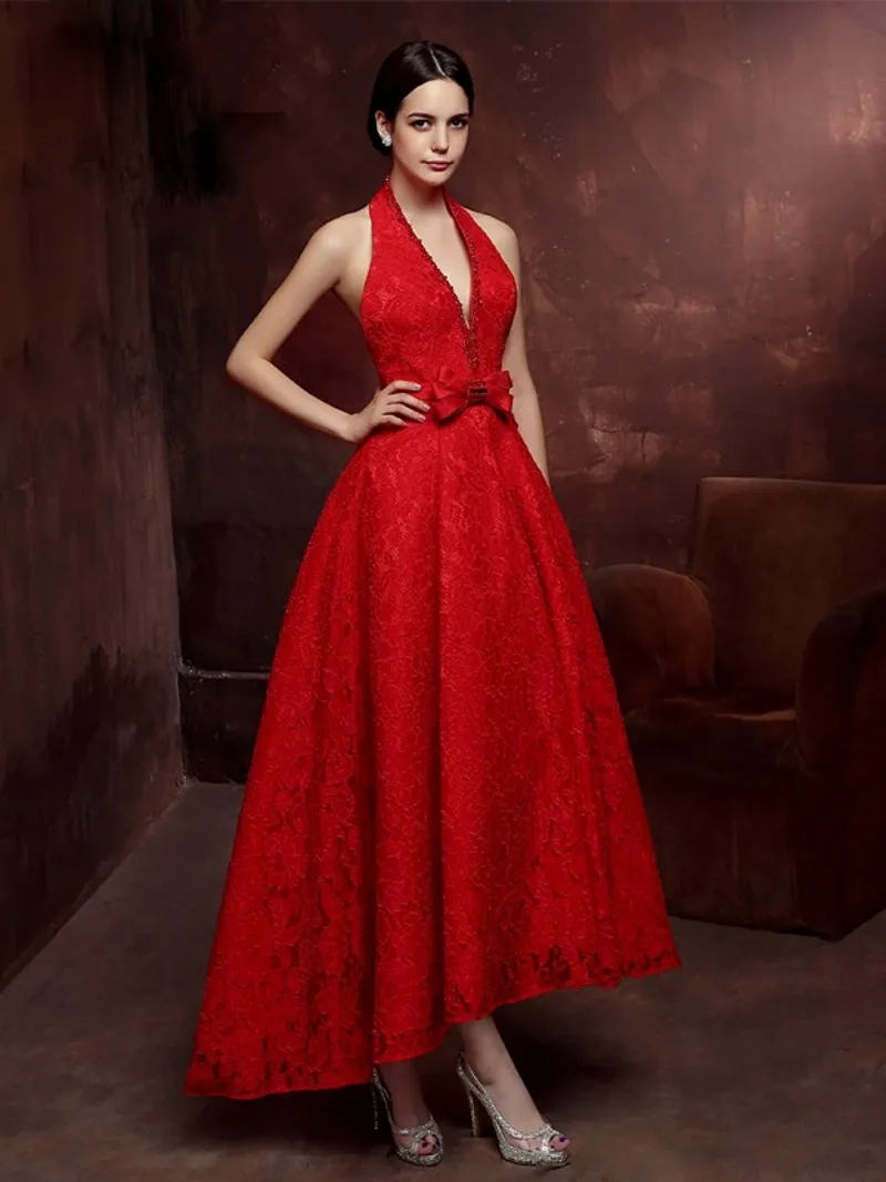 Charming Red Halter Beading Lace Backless Evening Dresses 2025 Women Asymmetrical Formal Prom Gown Vestidos de Longo