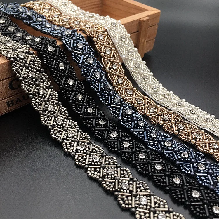 1Yard Diamond Champagne Beaded Handmade Lace Edge Trims Wedding Dress Belt Sash Ribbon Bridal Applique Fabric DIY Sewing Craft