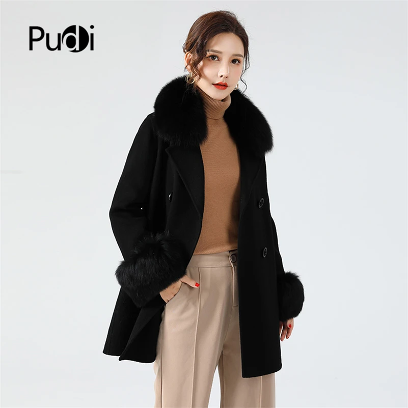 

Pudi Women Winter Real Fur Coat Jacket With Fox Collar Cuffs 2021 Ins Hot Lady Over Size Wool Blends Parka Z20096