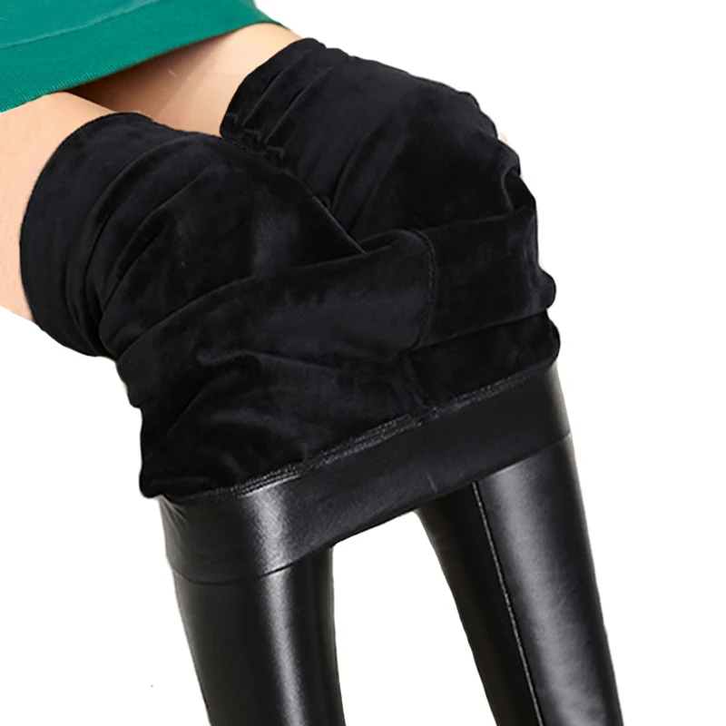 หนังสีดำ Leggings อบอุ่น Tights Plus ขนาดเซ็กซี่สบายๆกำมะหยี่กางเกงขายาวผู้หญิงสูงเอวความร้อนหนา Leggings ฤดูหนาว