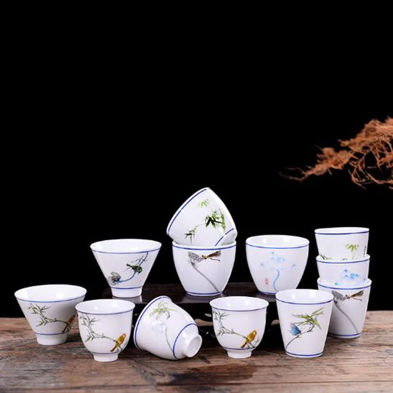 10pcs/set Chinese Tea Bowl Kitchen Drinkware Tea Culture Ceremony White PorcelaIn Teacup Kungfu Tea Cup Set Handmade Crafts