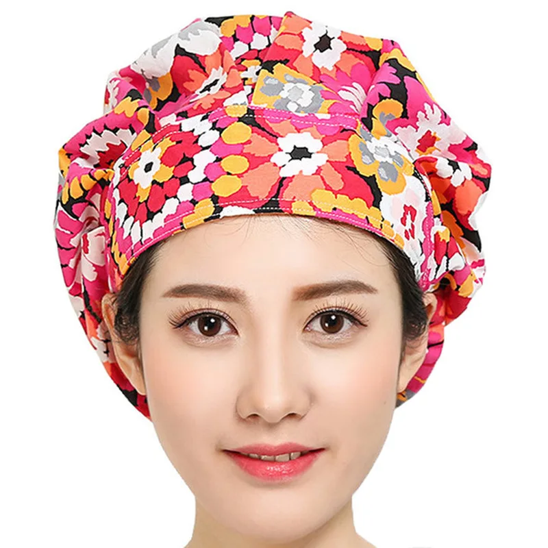 Scrub Caps for Women Hair Cover Flower Printed Adjustable Sweatband Bouffant Hats Cotton Hats Reuseable Work Wear Head Caps