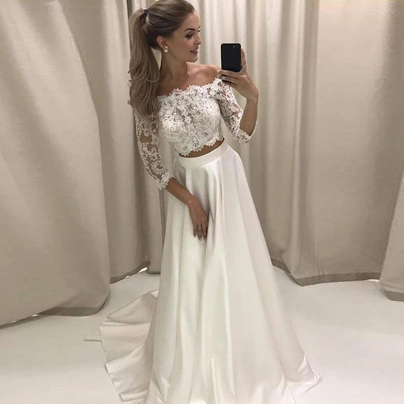 Frete grátis duas peças boho praia vestidos de casamento longo laço cetim vestidos de noiva branco vestido de festa à noite vestidos de noiva