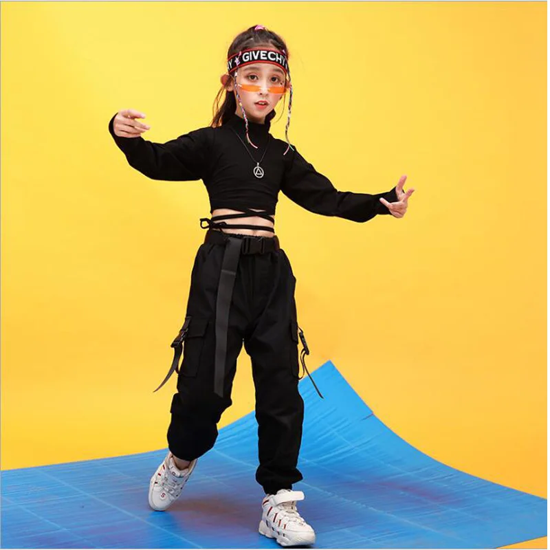 Ropa de Hip Hop para niños, sudadera, camisa negra, Top corto, pantalones informales para niña, disfraz de baile de Jazz, ropa de baile de salón