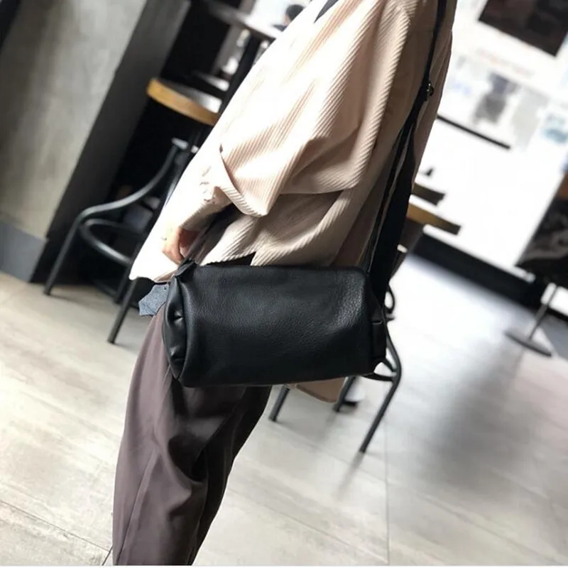 Genuine leather women\'s shoulder bag 2024 autumn and winter new cylindrical soft leather retro shoulder bag top layer cowhide