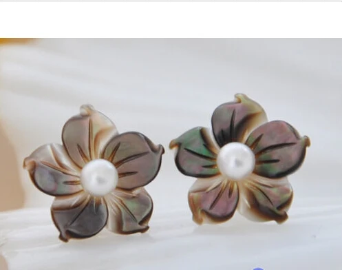 

00 dWOW Hand Carved 15mm abalone shell flower pearl 925silver stud earring (A0425)