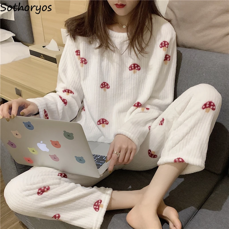 Women Pajama Sets Mushroom Print Long Sleeve Fashion Casual Loose Sweet Kawaii Korean Style Coral Fleece Soft Thicken Womens