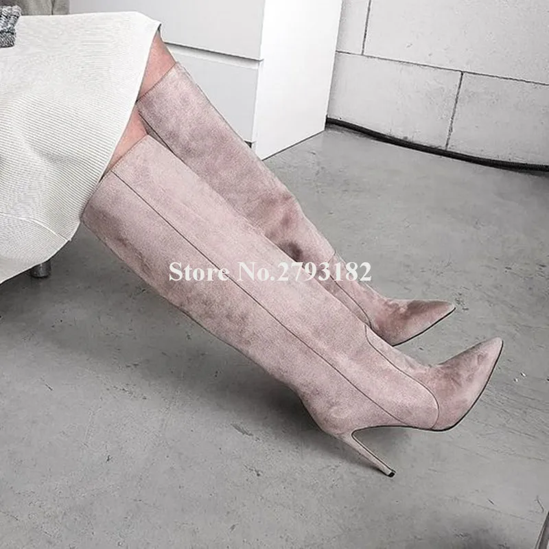 ผู้หญิง Elegant Pointed Suede เข่าสูง Stiletto ส้นรองเท้า Charming Slip-On ยาวส้นสูงรองเท้าสไตล์คลาสสิกชุดรองเท้า