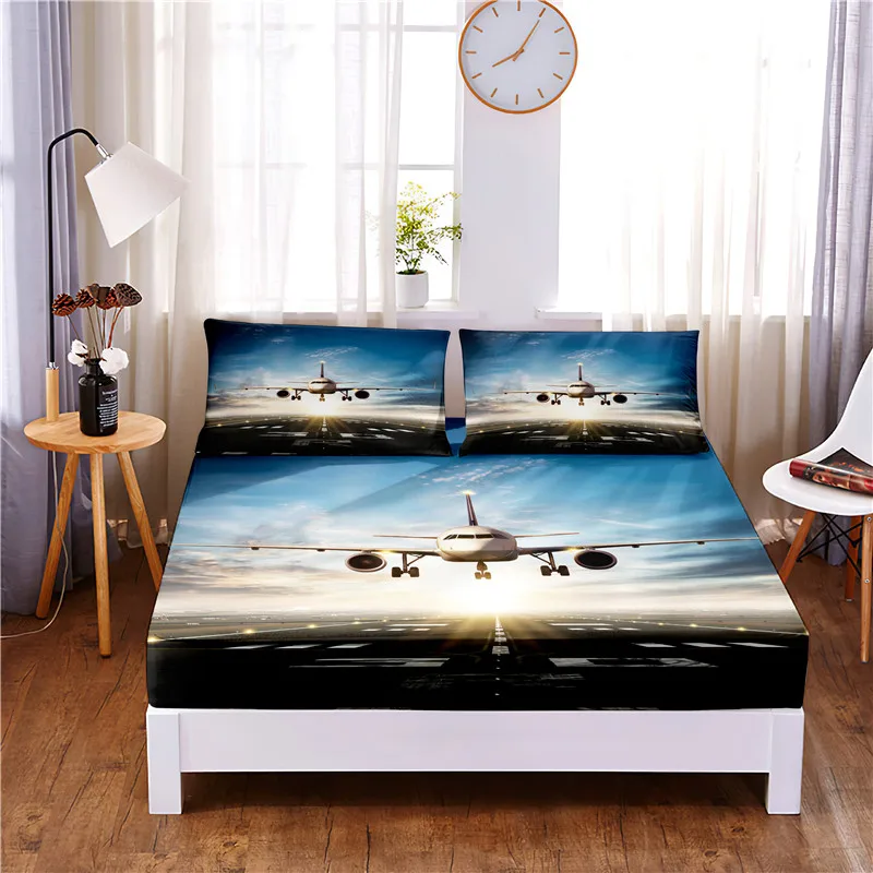 Aircraft Digital Printed 3pc Polyester  Fitted Sheet Mattress Cover Four Corners with Elastic Band Bed Sheet Pillowcases