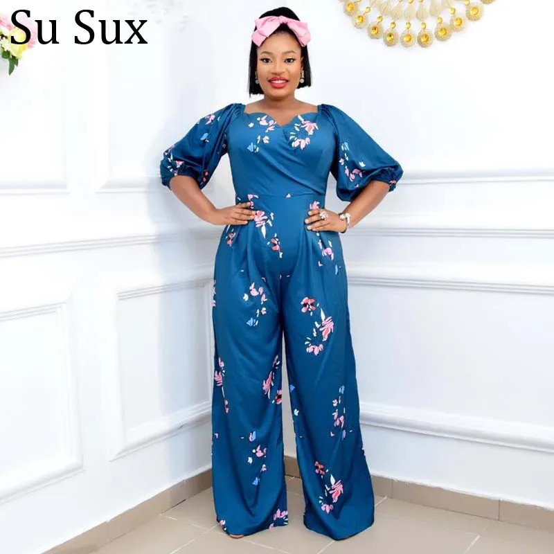 Mùa Xuân Năm 2021 In Jumpsuit Phi Váy Đầm Cho Nữ Plus Kích Thước Châu Phi Quần Áo Liền Quần Cổ V Tay Dài Quần Dài Jumpsuit