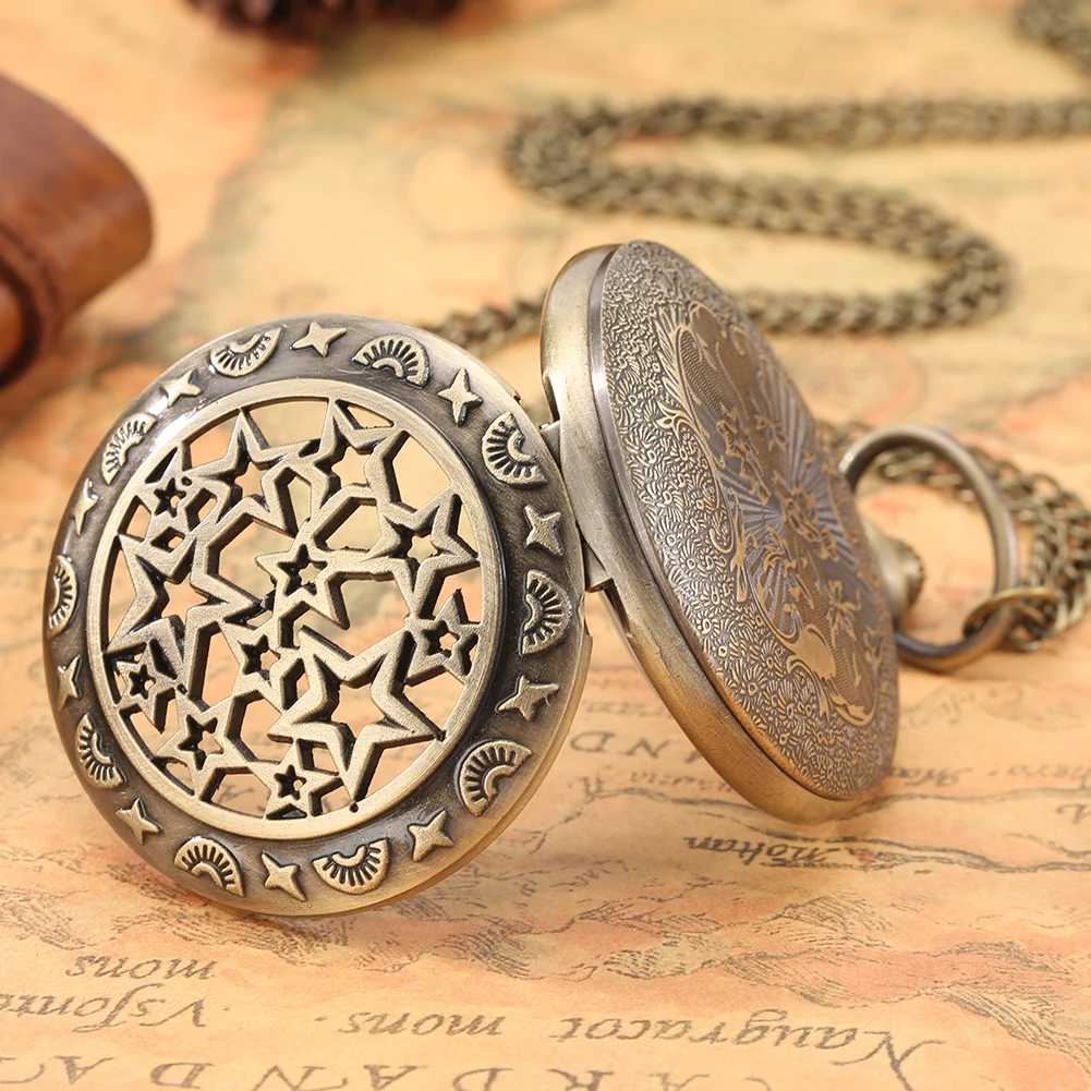 Bronze Hollow Five-pointed Star Quartz Pocket Watch Retro Necklace Chain FOB Clock Pentagonal Stars Pendant Gifts for Men Women