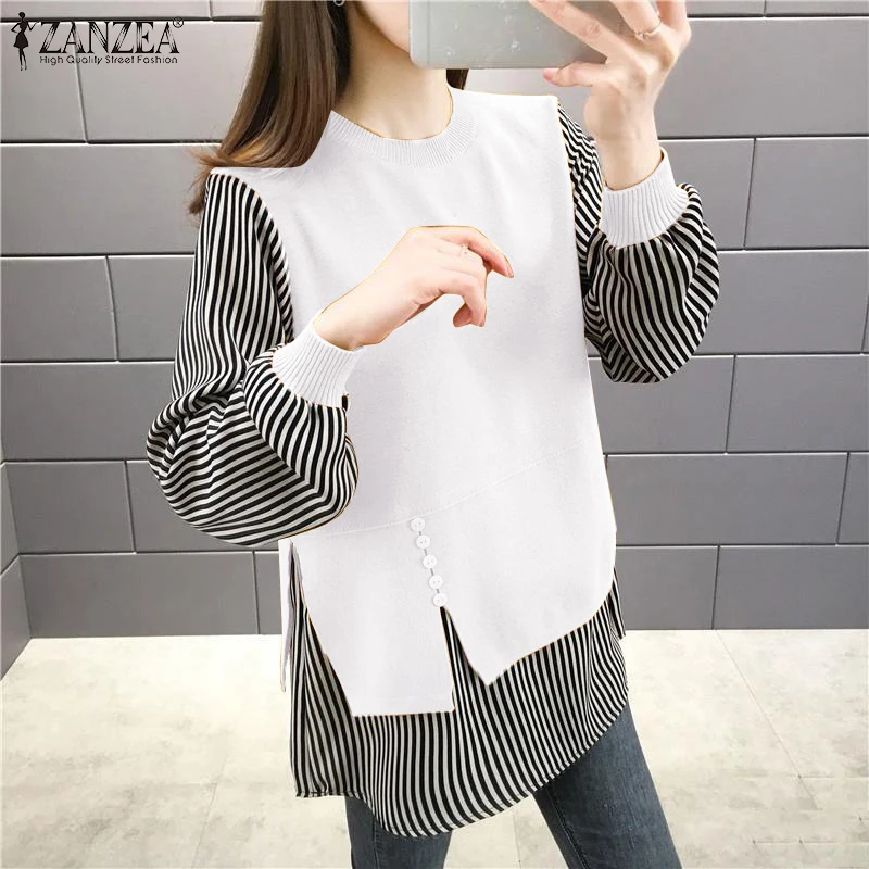 ZANZEA Fashion Long Sleeve Fake Two Pieces Tops Autumn Casual Striped Shirt Women Patchwork Blouse Loose Work Blusas Chemise