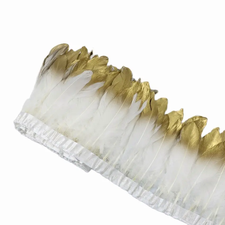 1 Yard Golden Dipped Goose Feather Trims White PLUMES Ribbon Fringe for Handicraft Wedding Dress Decor Accessories Crafts