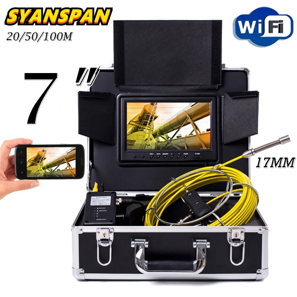 SYANSPAN WiFi 17MM Pipe Camera for Plumbling Inspection 7inch Monitor, Drain Piping Endoscope Camera Support Android/IOS