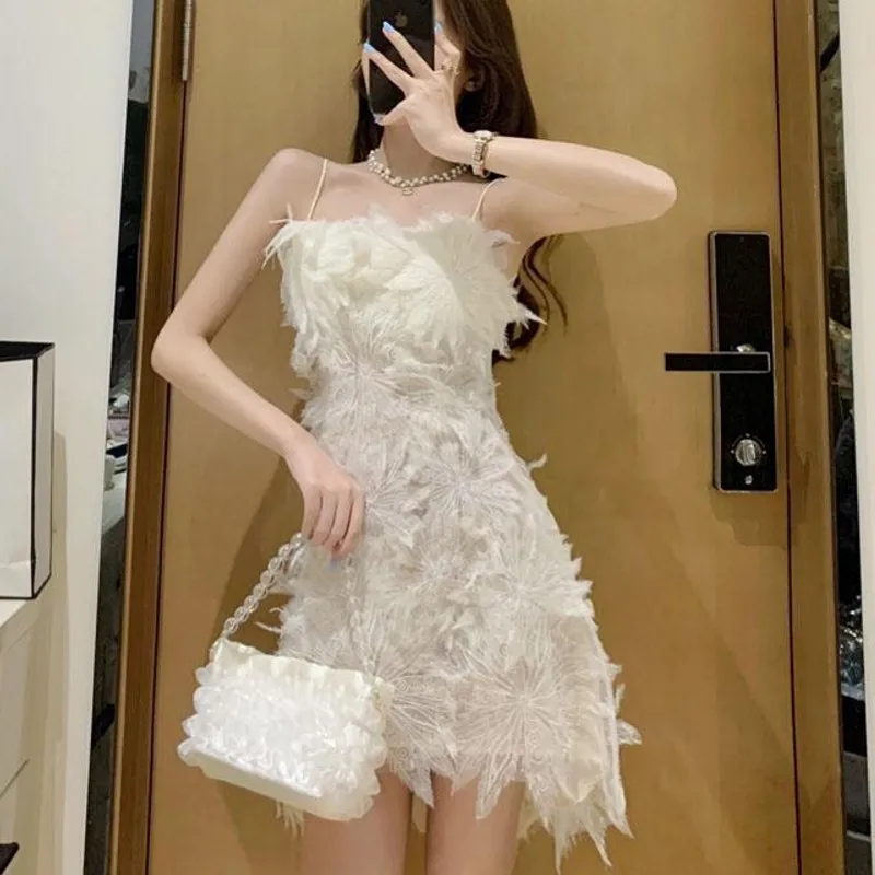 

Mini dress dress women sexy lace dress Tassel White Spaghetti Strap Party Female Summer 2020 Vestidos casual