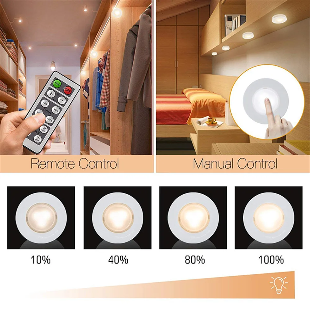 LED Under Cabinets Lights Wireless Remote Control Dimmable Puck Light Battery Operated for Kitchen Wardrobe Closet Hallway Decor