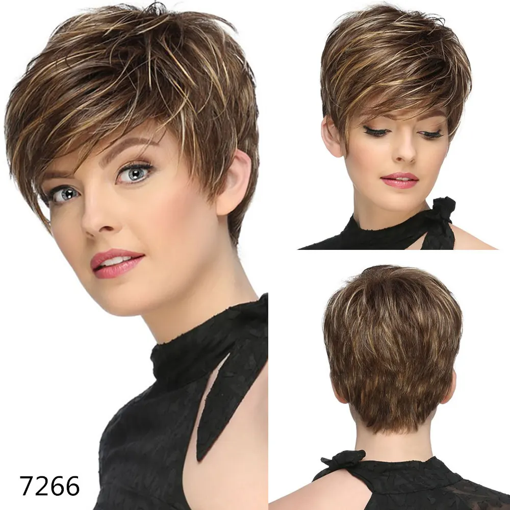 OUCEY Mixed Blonde Brown Short Wigs For Women Heat Resistant Synthetic Wig Pixie Cut Natural Looking Fake Hair Wigs