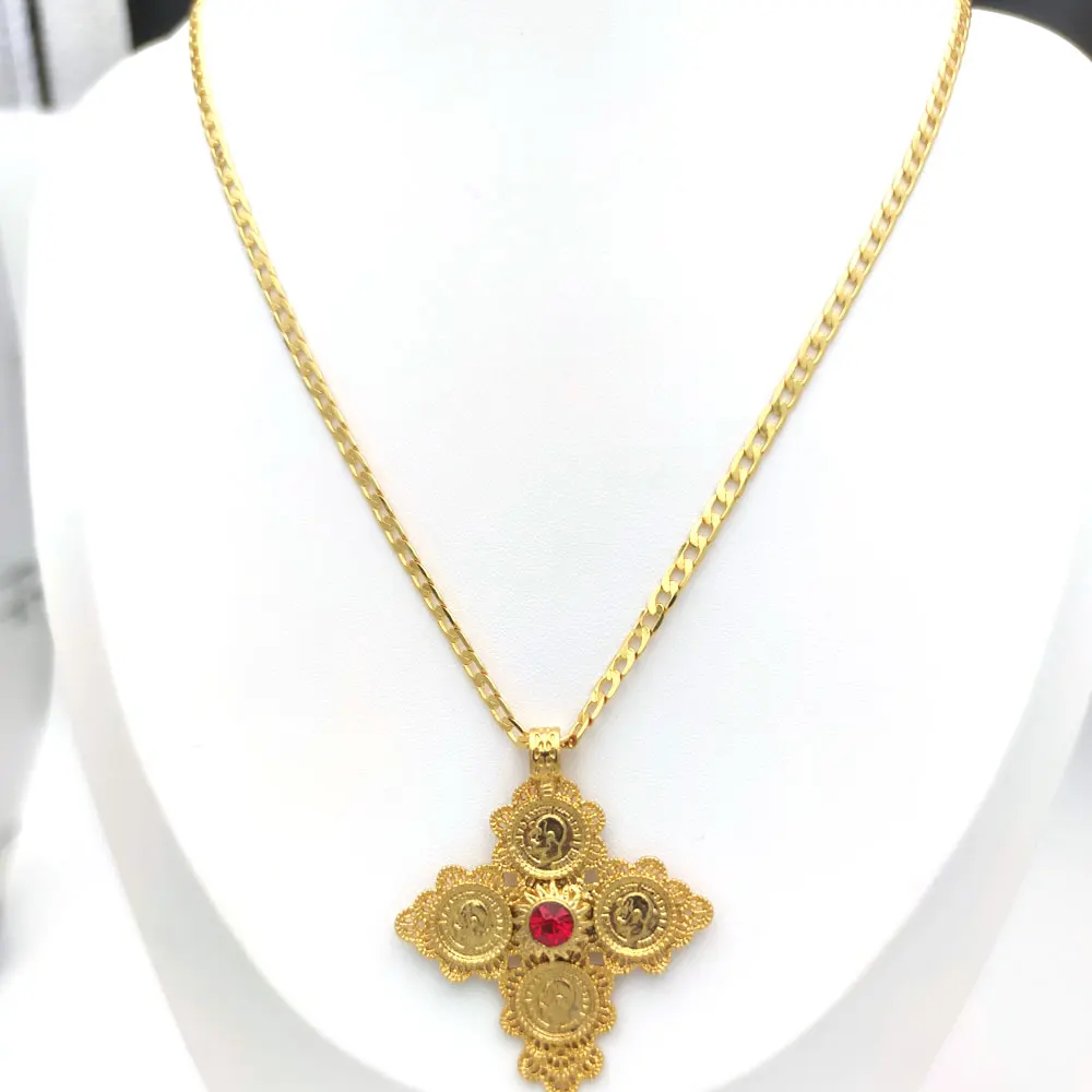 18K Yellow Gold Red Blue Green Select Diamond Cut Cross Charm Solid  Women's Necklace Curb Chain Valuable