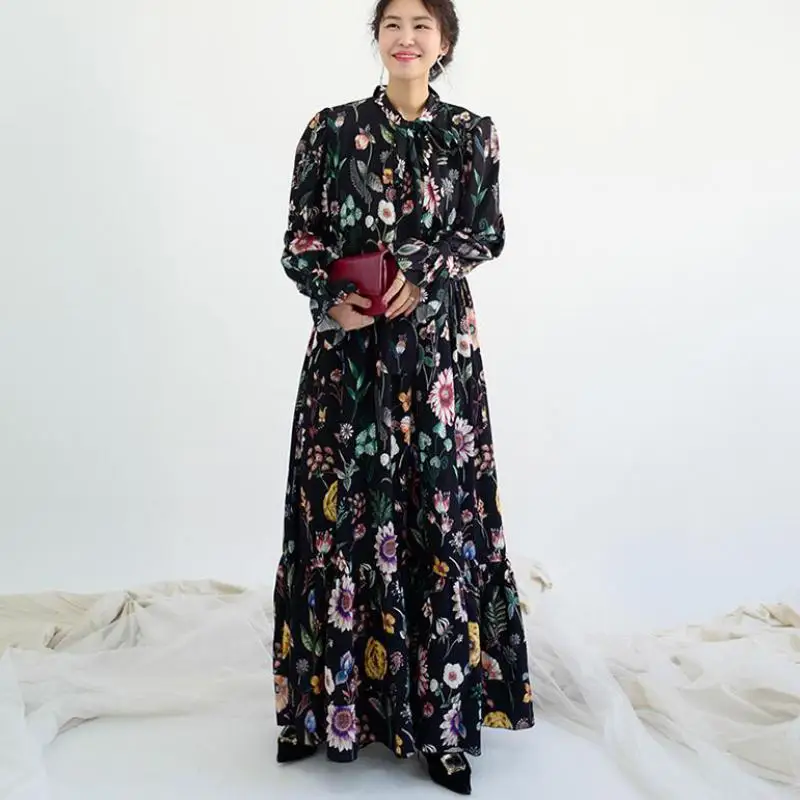 Elegant Dress Vintage Fashion Long Sleeve Closed Dress Women Flower Hit Color Neckline Tie Lotus Leaf Big Swing Dress