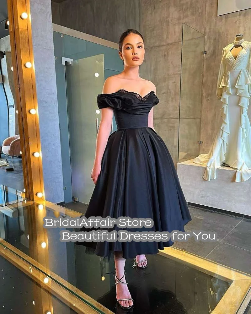 BridalAffair Ball Gown Prom Dresses Off Shoulder Black Satin Vintage Graduation Celebrity Dress A-Line Tea Length Party Gowns