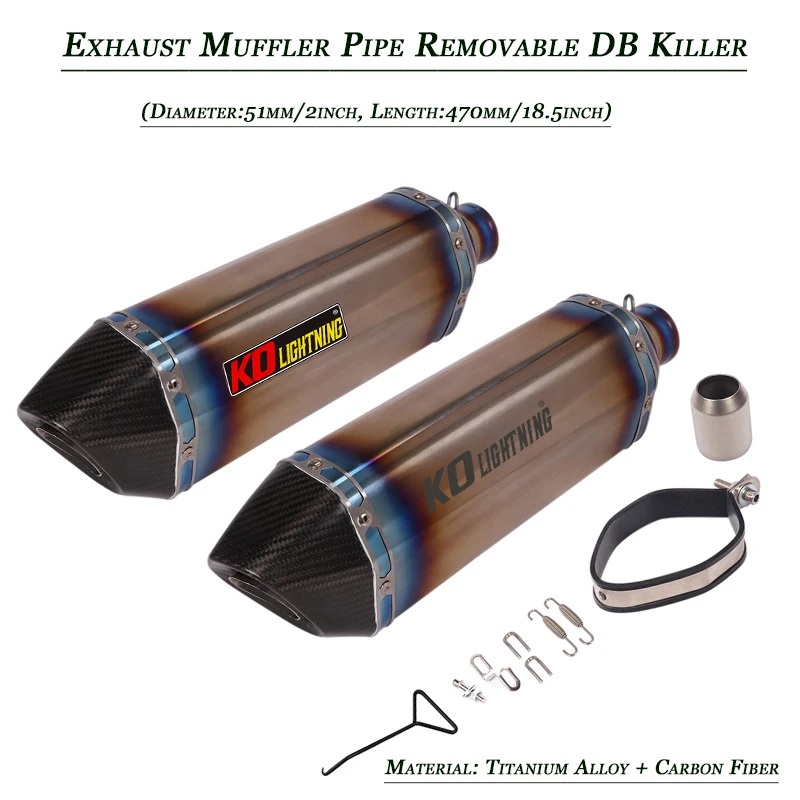 51MM Exhaust Vent Pipe Removable DB Killer Refit Motorcycle Tail Silencer Tubes Titanium Alloy Carbon Fiber System 470mm Length