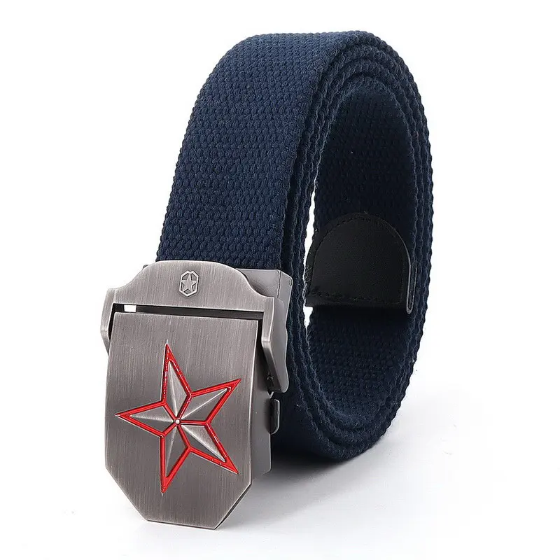 Mens Metal Slide Buckle Waist Belts Red Star Breathable Canvas Army Military Unisex Jeans Accessories Women Leisure Strap