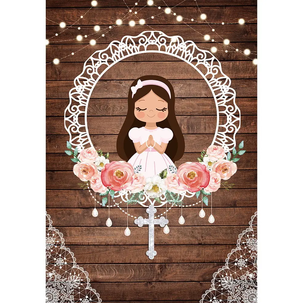 Allenjoy First Holy Communion Background Girl Decoration Party Wooden Flower Glitter Cross Custom Backdrop Photozone Photocall