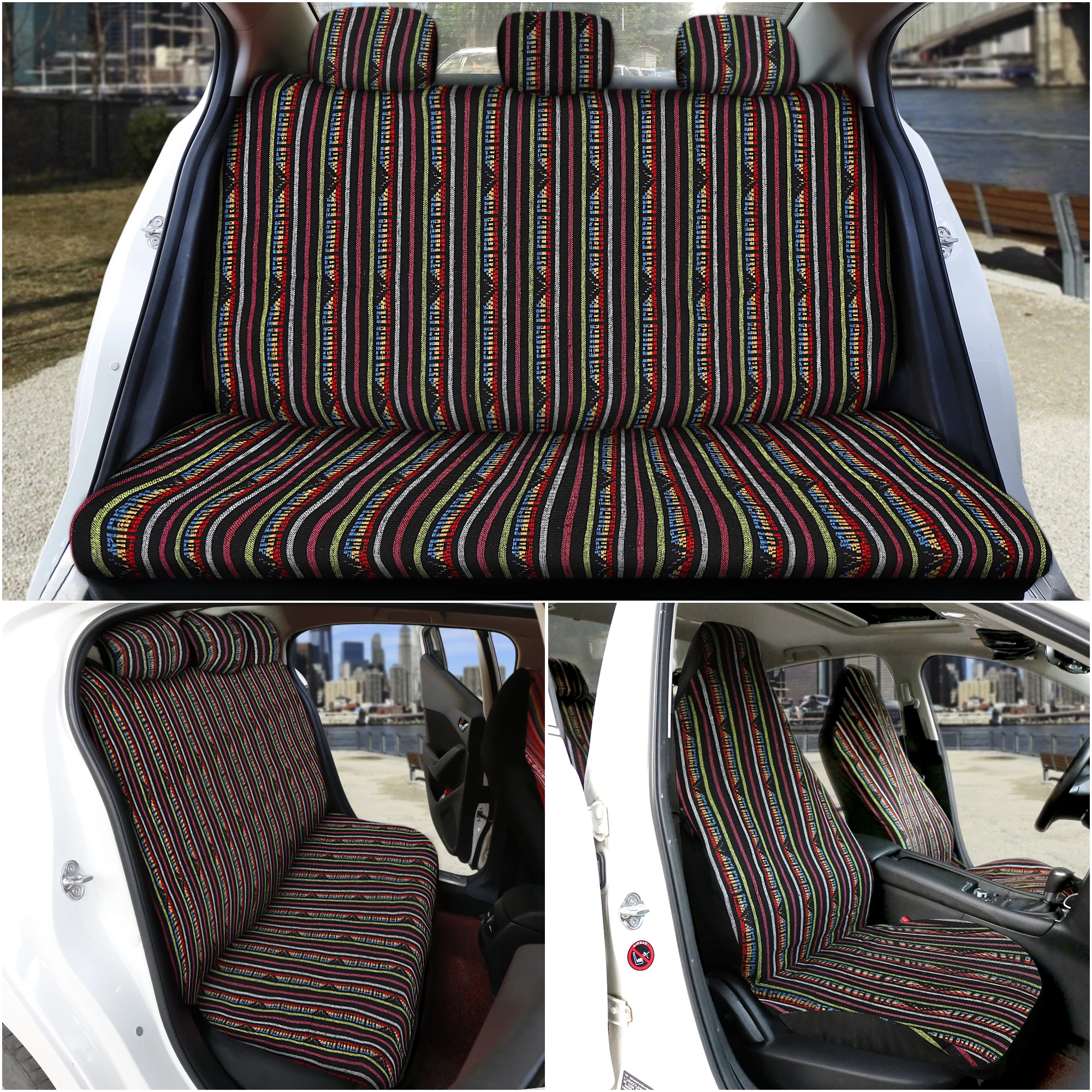 Uxcell Stripe Multi-Color Seat Cover Baja Saddle Blanket Weave Bucket Seat Cover for Cars & Vans with Steering Wheel Cover