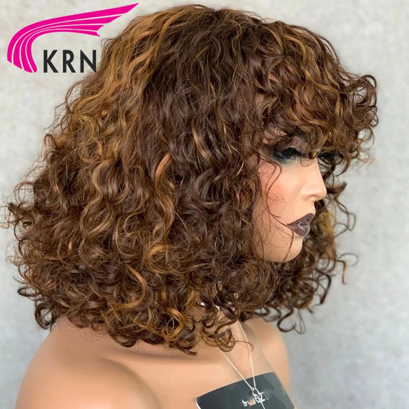 Wig Buatan Mesin Sepenuhnya Keriting Gelap dengan Poni 180% Wig Rambut Manusia untuk Wanita Rambut Remy Brasil Tanpa Lem Warna Coklat