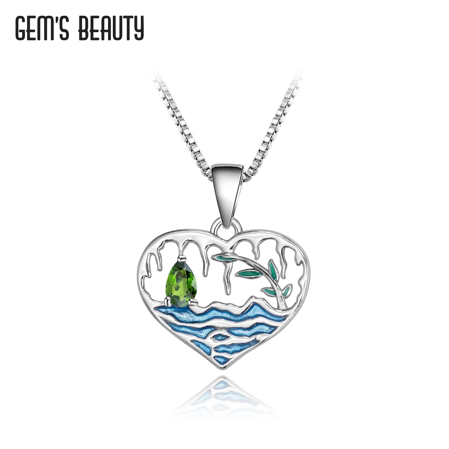 

GEM'S BEAUTY 925 Sterling Silver Heart Necklace For Women Wave Olive Branch Natural Pear Cut Chrome Diopside Handmade Necklace