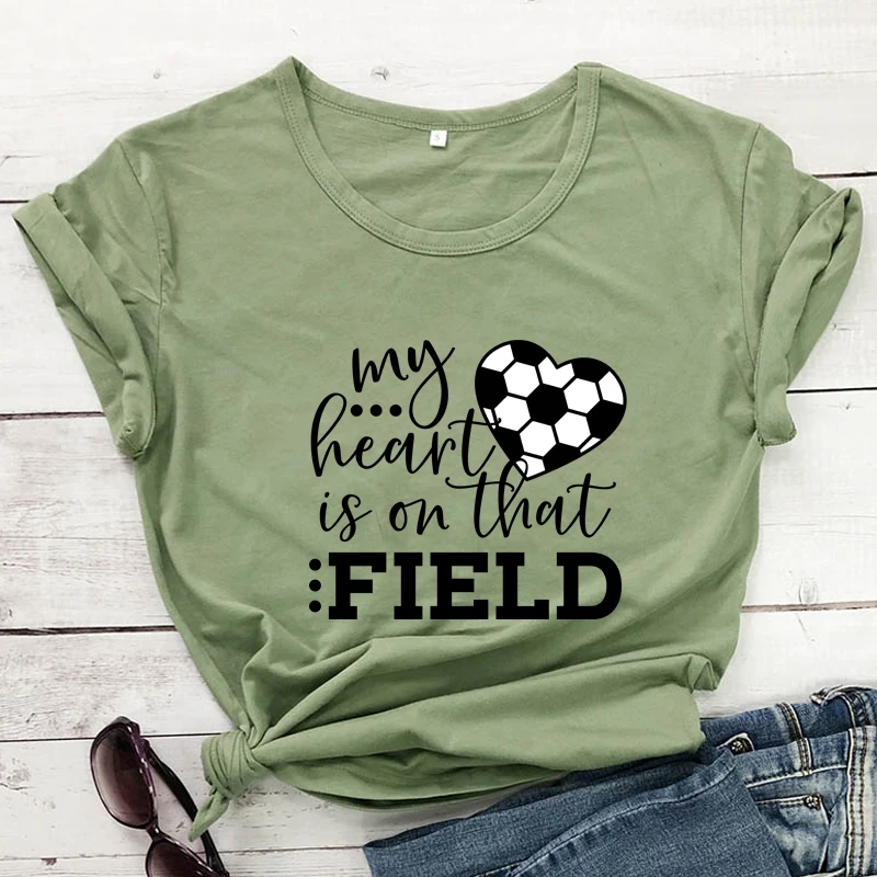 Colored my heart is on that field T-shirt cute Women Short Sleeve Graphic soccer mom Top Tee Shirt